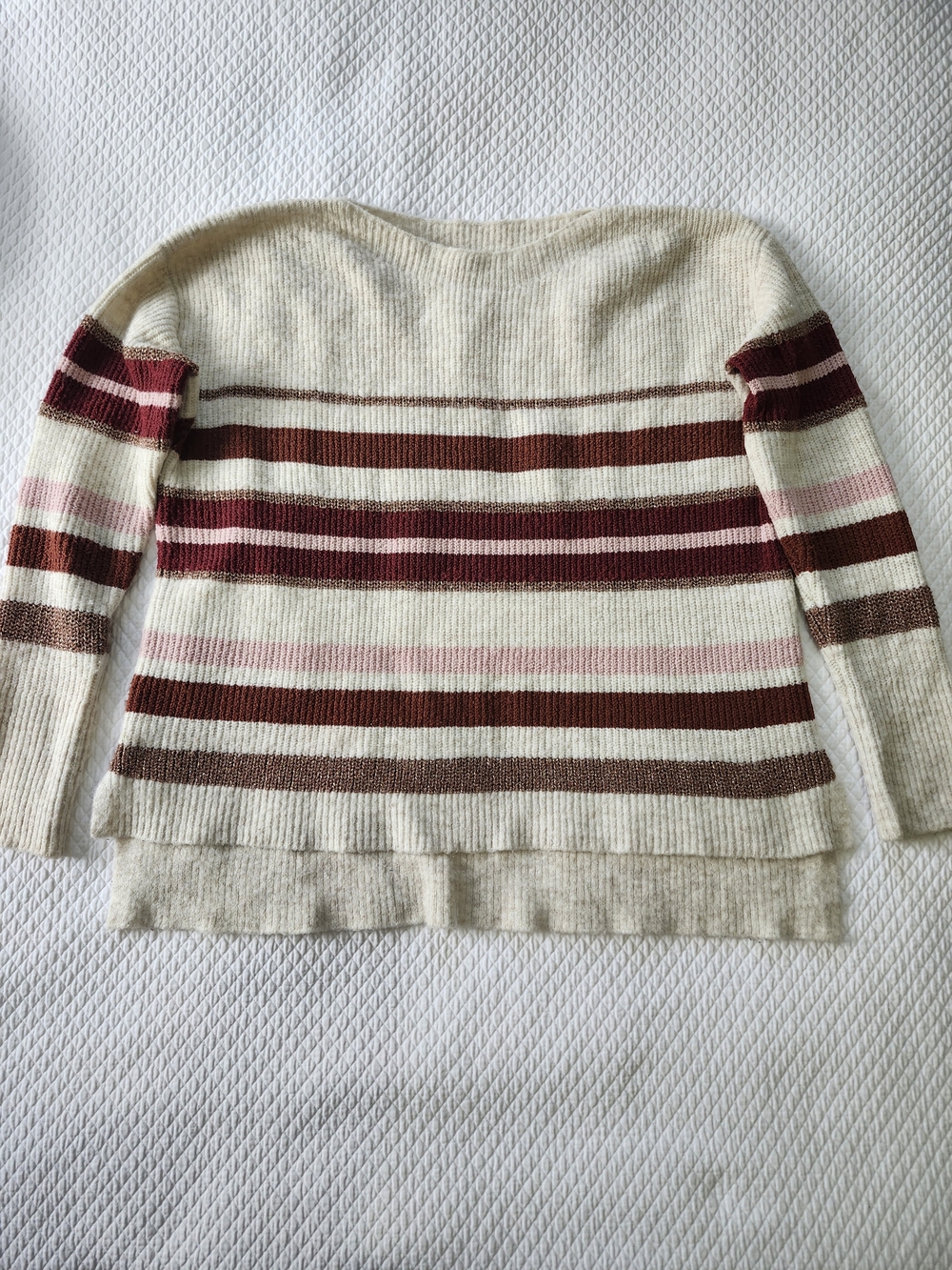 Cozy Colorblock Oversized Striped Crewneck Sweater in Cream, Burgundy & Pink M